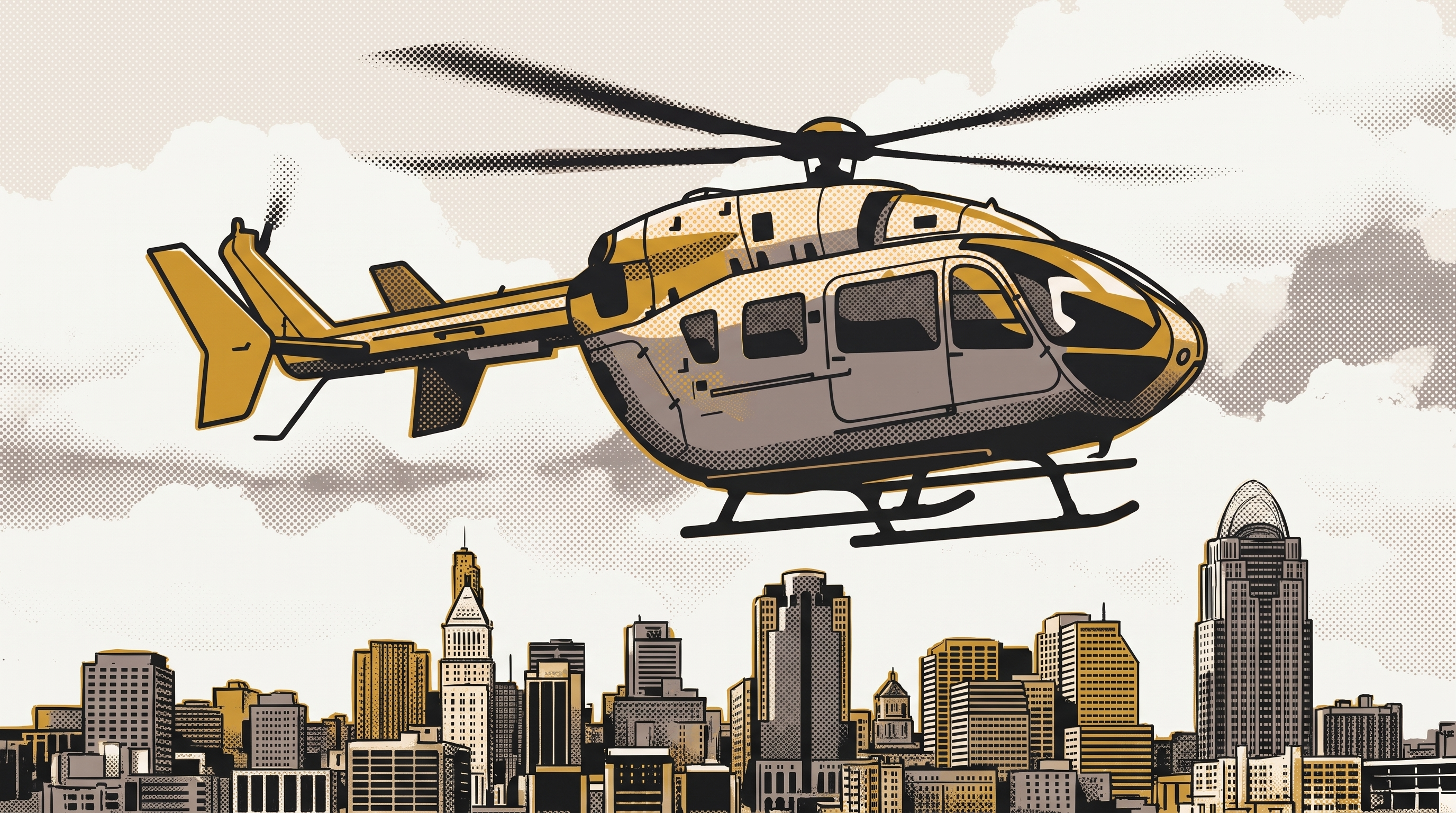 Halftone illustration of an EC145 helicopter in the hover above the Cincinnati skyline and the Roebling Bridge.